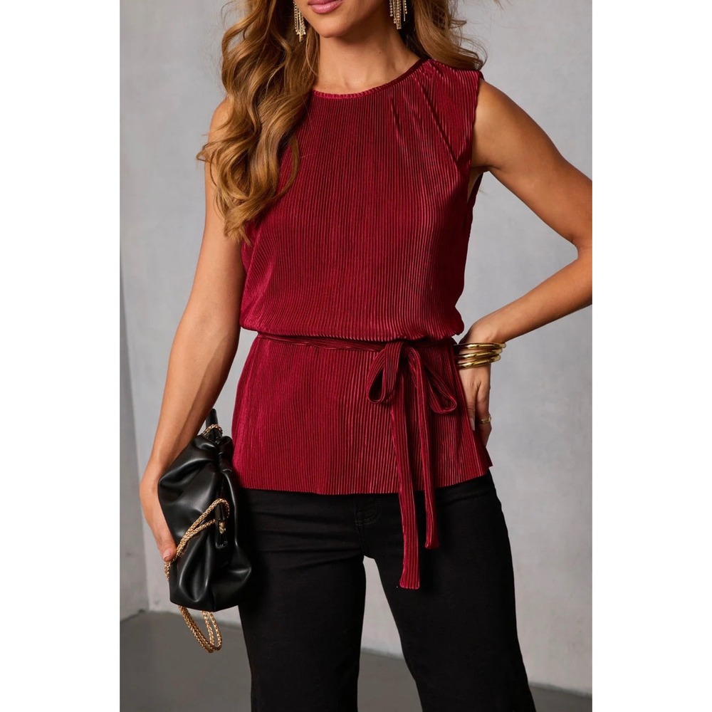 VICI Burgundy Pleated Sleeveless Tie Waist Tank Top Large Womens
